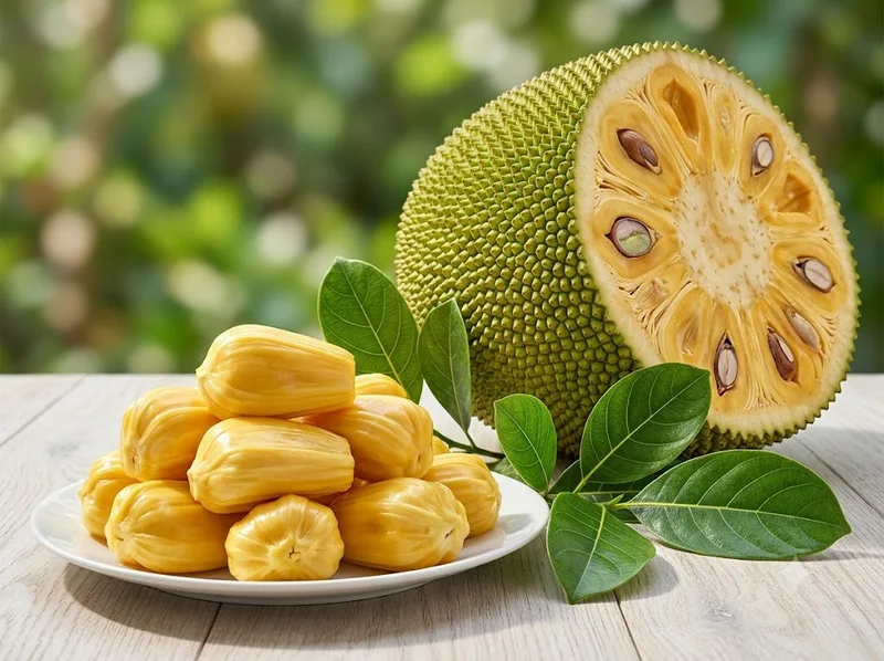 Quả mít chín vàng gợi hình ảnh mùa thu hoạch và thành quả lao động.