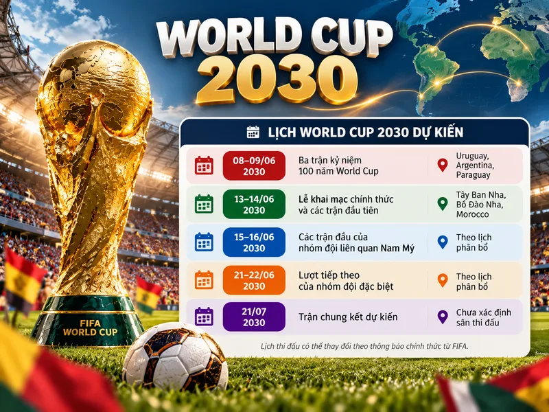 Lịch World Cup 2030 dự kiến diễn ra từ tháng 6 đến ngày 21/7.